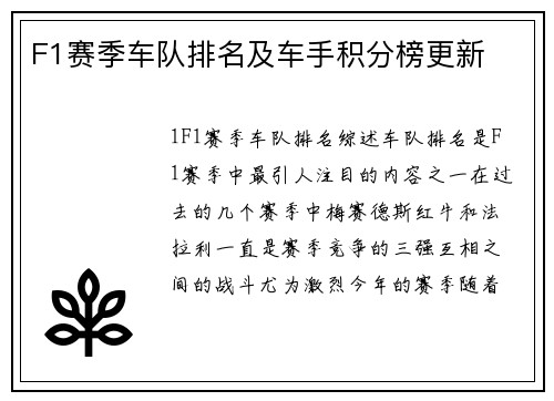 F1赛季车队排名及车手积分榜更新